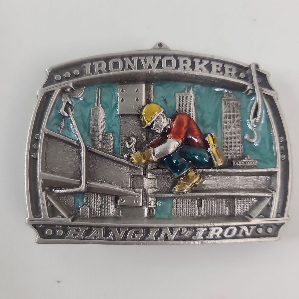 Vintage 1986 Ironworker Hangin' Iron Belt Buckle Pewter Made In USA